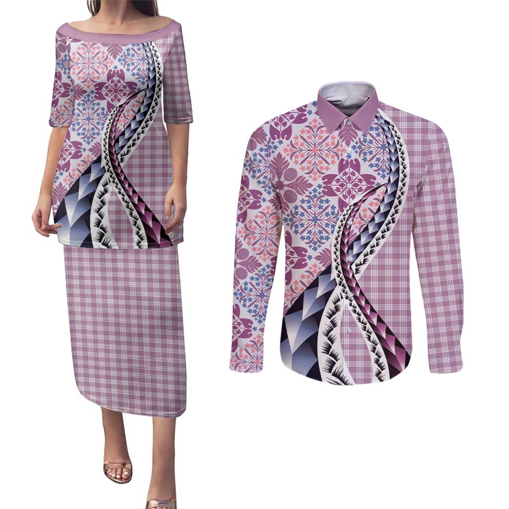 Aloha Vintage Palaka Floral Hawaiian Quilt Couples Matching Puletasi and Long Sleeve Button Shirt Akala Motif - Polynesian Pride