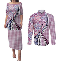 Aloha Vintage Palaka Floral Hawaiian Quilt Couples Matching Puletasi and Long Sleeve Button Shirt Akala Motif - Polynesian Pride