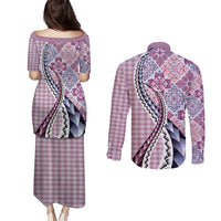 Aloha Vintage Palaka Floral Hawaiian Quilt Couples Matching Puletasi and Long Sleeve Button Shirt Akala Motif - Polynesian Pride