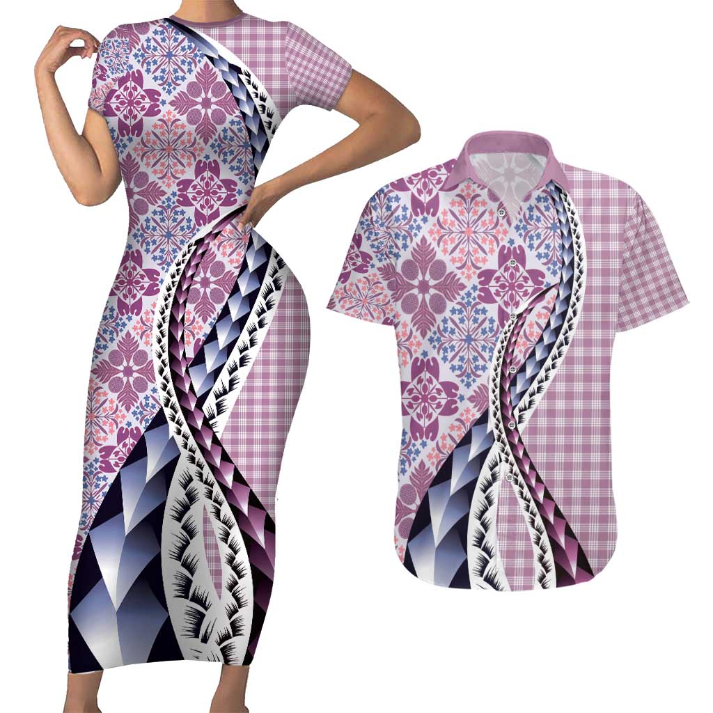 Aloha Vintage Palaka Floral Hawaiian Quilt Couples Matching Short Sleeve Bodycon Dress and Hawaiian Shirt Akala Motif LT9 Pink - Polynesian Pride