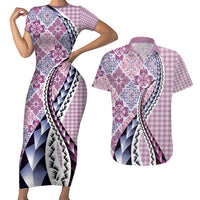 Aloha Vintage Palaka Floral Hawaiian Quilt Couples Matching Short Sleeve Bodycon Dress and Hawaiian Shirt Akala Motif LT9 Pink - Polynesian Pride