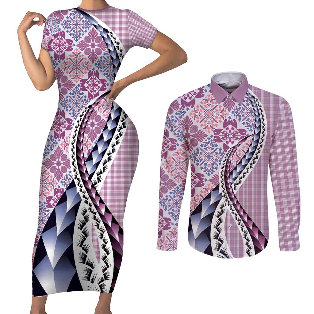 Aloha Vintage Palaka Floral Hawaiian Quilt Couples Matching Short Sleeve Bodycon Dress and Long Sleeve Button Shirt Akala Motif LT9 Pink - Polynesian Pride