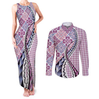 Aloha Vintage Palaka Floral Hawaiian Quilt Couples Matching Tank Maxi Dress and Long Sleeve Button Shirt Akala Motif LT9 Pink - Polynesian Pride
