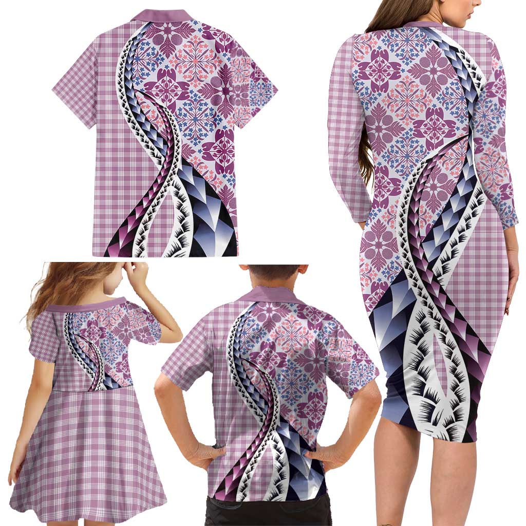 Aloha Vintage Palaka Floral Hawaiian Quilt Family Matching Long Sleeve Bodycon Dress and Hawaiian Shirt Akala Motif LT9 - Polynesian Pride