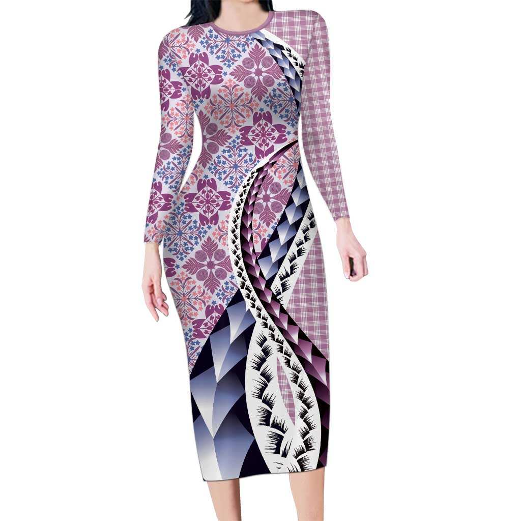 Aloha Vintage Palaka Floral Hawaiian Quilt Family Matching Long Sleeve Bodycon Dress and Hawaiian Shirt Akala Motif LT9 Mom's Dress Pink - Polynesian Pride