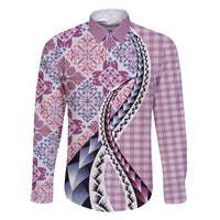 Aloha Vintage Palaka Floral Hawaiian Quilt Family Matching Mermaid Dress and Hawaiian Shirt Akala Motif LT9 Dad's Shirt - Long Sleeve Pink - Polynesian Pride