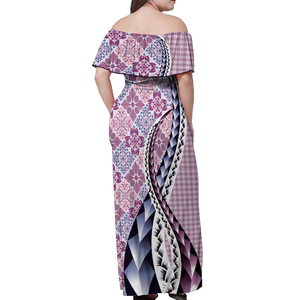 Aloha Vintage Palaka Floral Hawaiian Quilt Off Shoulder Maxi Dress Akala Motif - Polynesian Pride