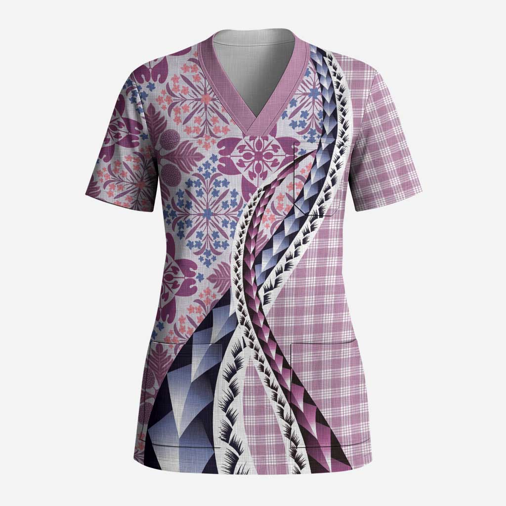 Aloha Vintage Palaka Floral Hawaiian Quilt Scrub Top Akala Motif - Polynesian Pride