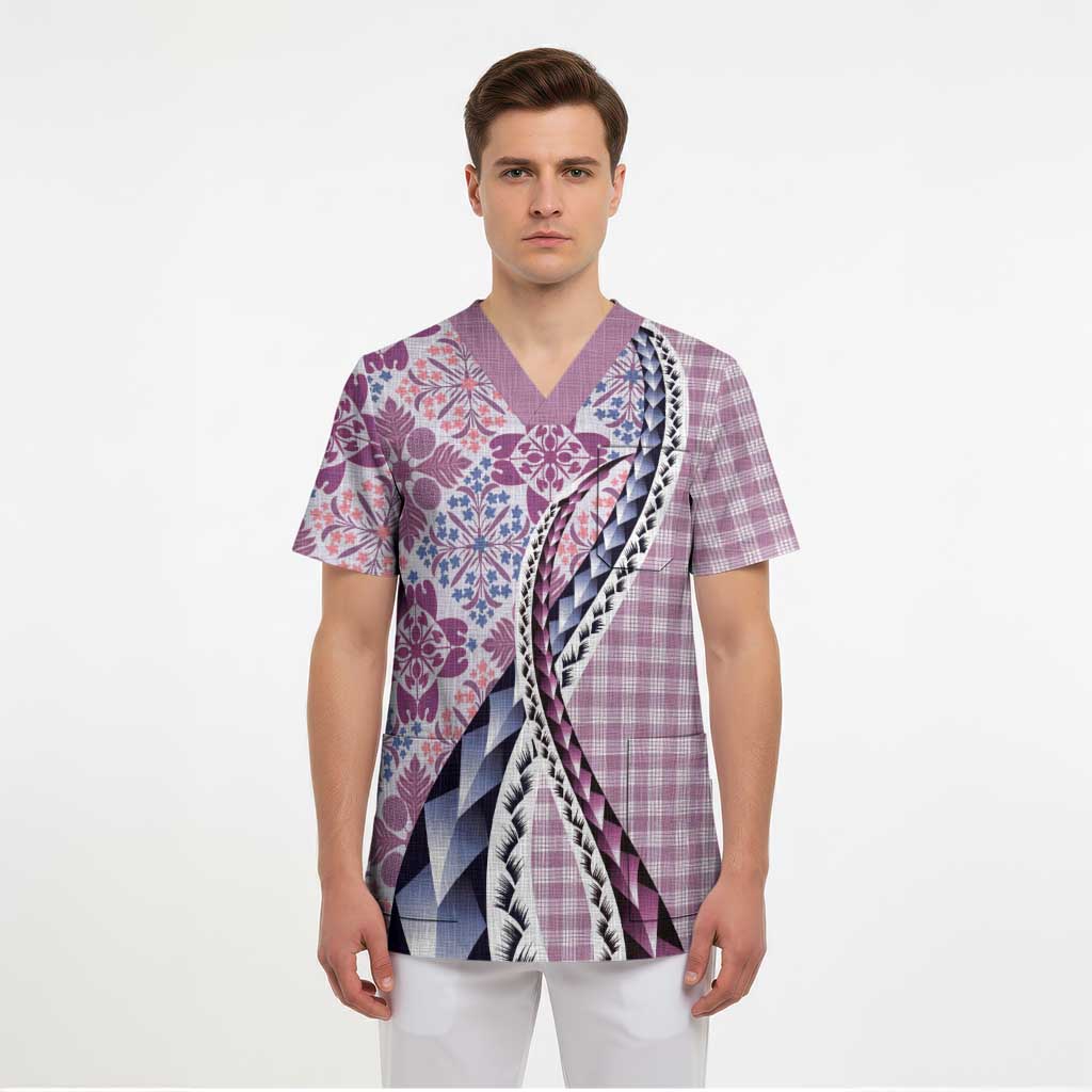 Aloha Vintage Palaka Floral Hawaiian Quilt Scrub Top Akala Motif - Polynesian Pride