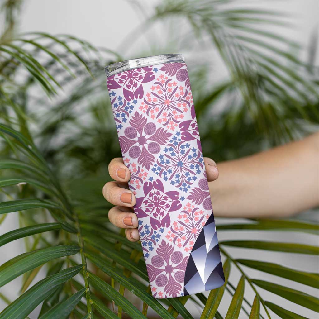Aloha Vintage Palaka Floral Hawaiian Quilt Skinny Tumbler Akala Motif - Polynesian Pride