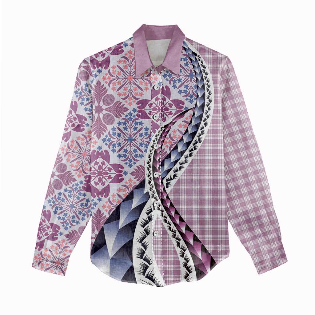 Aloha Vintage Palaka Floral Hawaiian Quilt Women Casual Shirt Akala Motif - Polynesian Pride