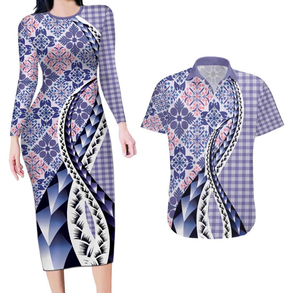 Aloha Vintage Palaka Floral Hawaiian Quilt Couples Matching Long Sleeve Bodycon Dress and Hawaiian Shirt Poni Motif - Polynesian Pride