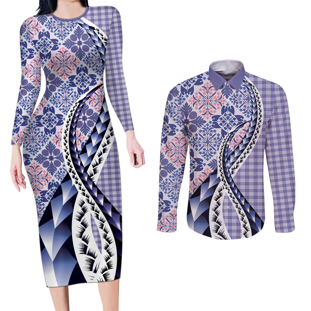 Aloha Vintage Palaka Floral Hawaiian Quilt Couples Matching Long Sleeve Bodycon Dress and Long Sleeve Button Shirt Poni Motif LT9 Purple - Polynesian Pride