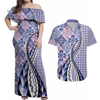 Aloha Vintage Palaka Floral Hawaiian Quilt Couples Matching Off Shoulder Maxi Dress and Hawaiian Shirt Poni Motif LT9 Purple - Polynesian Pride