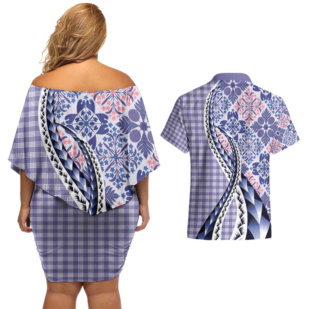 Aloha Vintage Palaka Floral Hawaiian Quilt Couples Matching Off Shoulder Short Dress and Hawaiian Shirt Poni Motif LT9 - Polynesian Pride