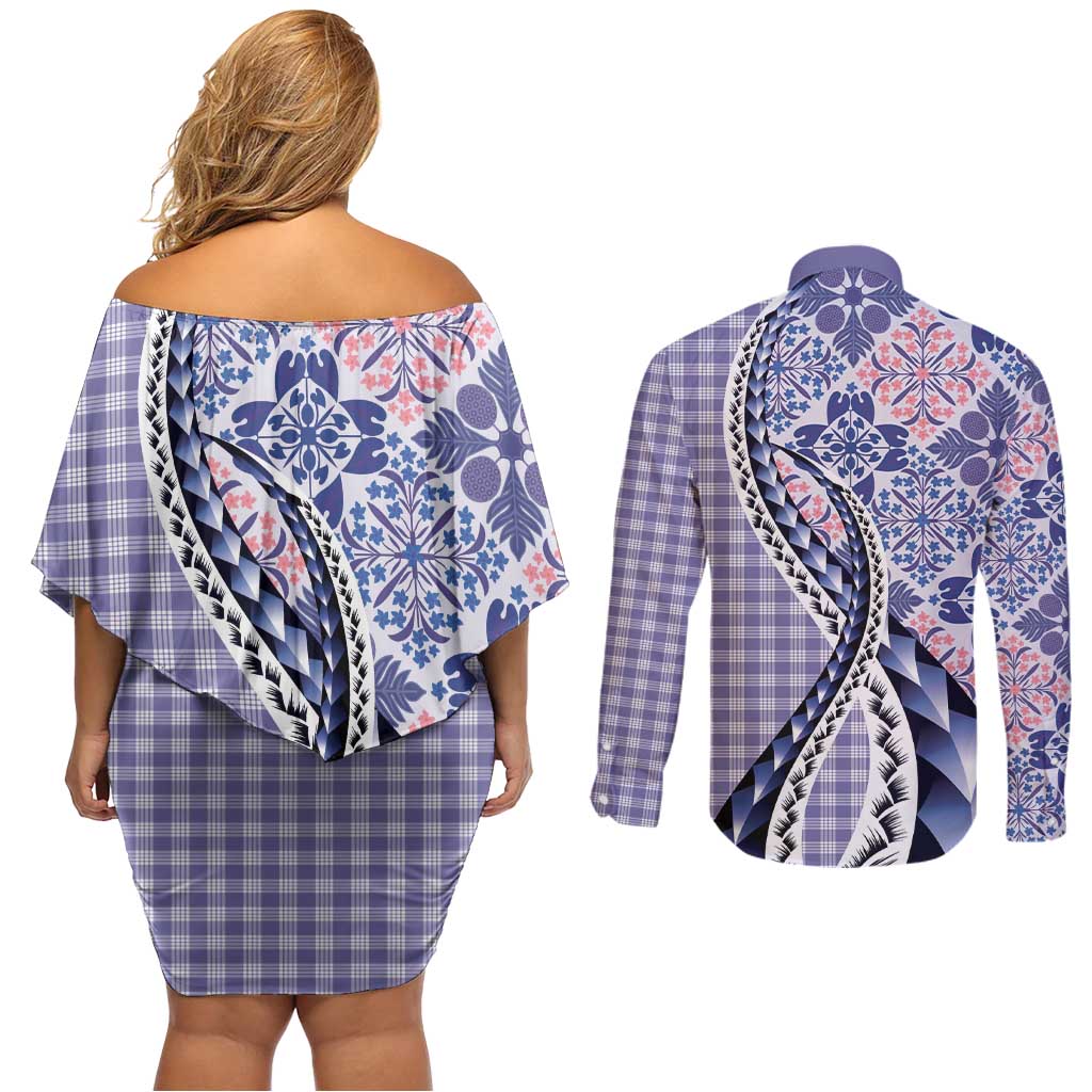 Aloha Vintage Palaka Floral Hawaiian Quilt Couples Matching Off Shoulder Short Dress and Long Sleeve Button Shirt Poni Motif LT9 - Polynesian Pride