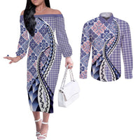 Aloha Vintage Palaka Floral Hawaiian Quilt Couples Matching Off The Shoulder Long Sleeve Dress and Long Sleeve Button Shirt Poni Motif LT9 Purple - Polynesian Pride