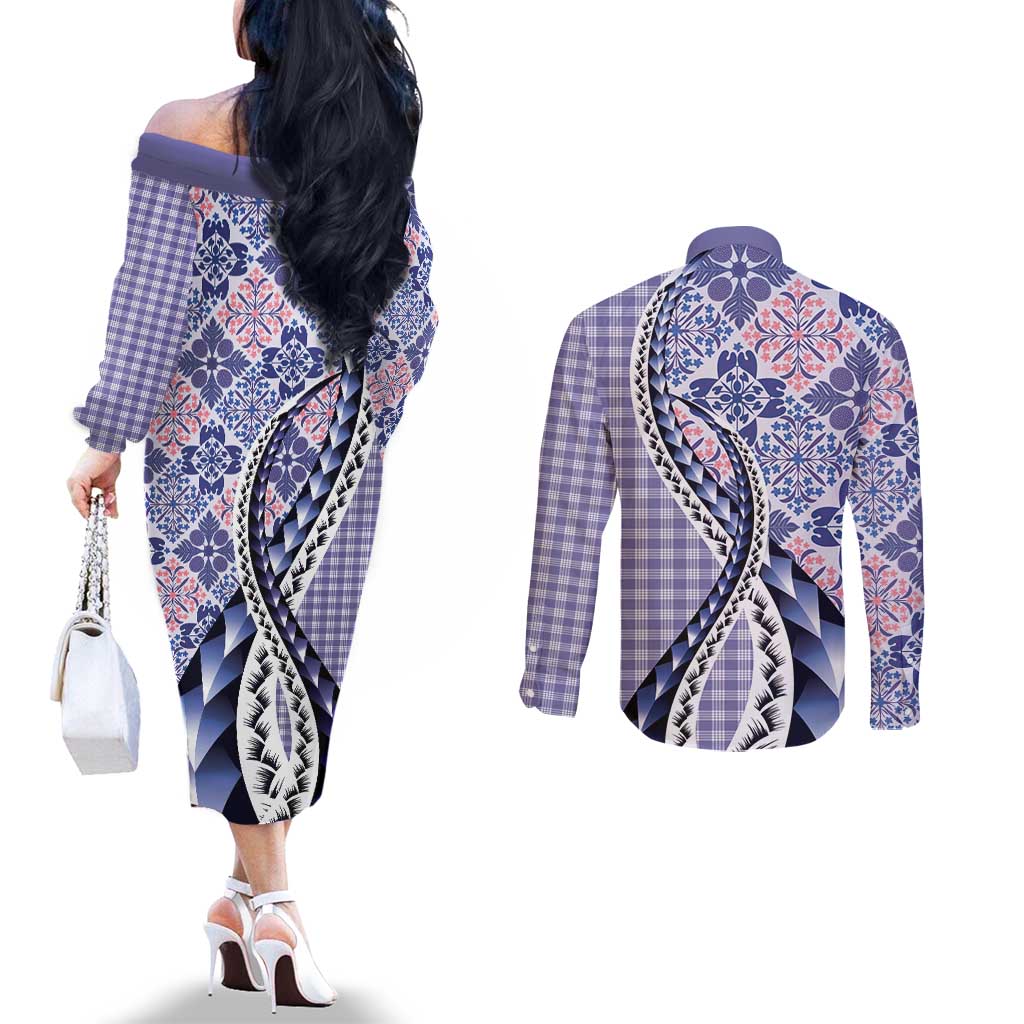 Aloha Vintage Palaka Floral Hawaiian Quilt Couples Matching Off The Shoulder Long Sleeve Dress and Long Sleeve Button Shirt Poni Motif LT9 - Polynesian Pride