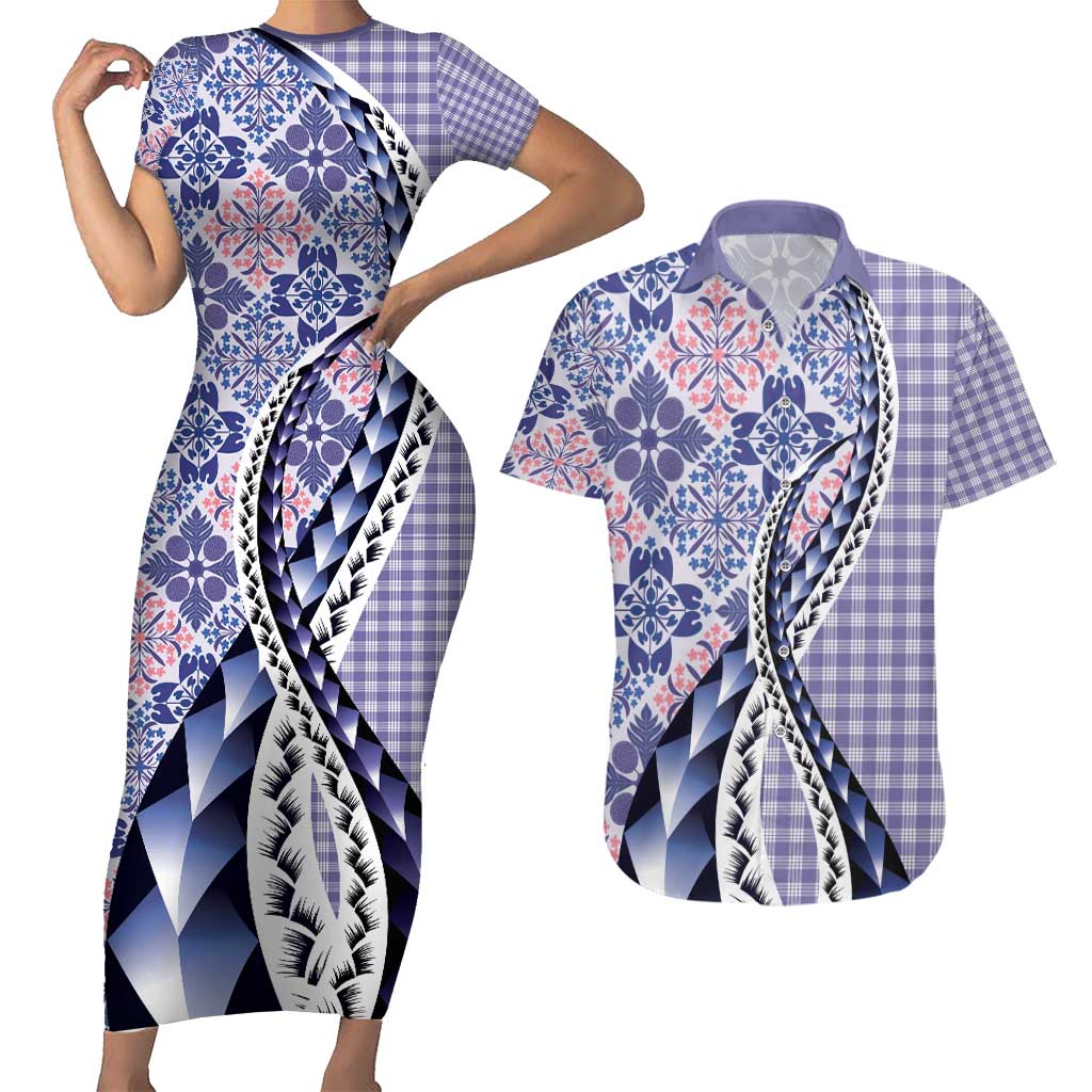 Aloha Vintage Palaka Floral Hawaiian Quilt Couples Matching Short Sleeve Bodycon Dress and Hawaiian Shirt Poni Motif LT9 Purple - Polynesian Pride