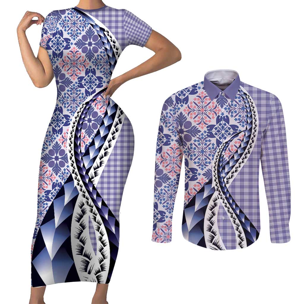 Aloha Vintage Palaka Floral Hawaiian Quilt Couples Matching Short Sleeve Bodycon Dress and Long Sleeve Button Shirt Poni Motif LT9 Purple - Polynesian Pride