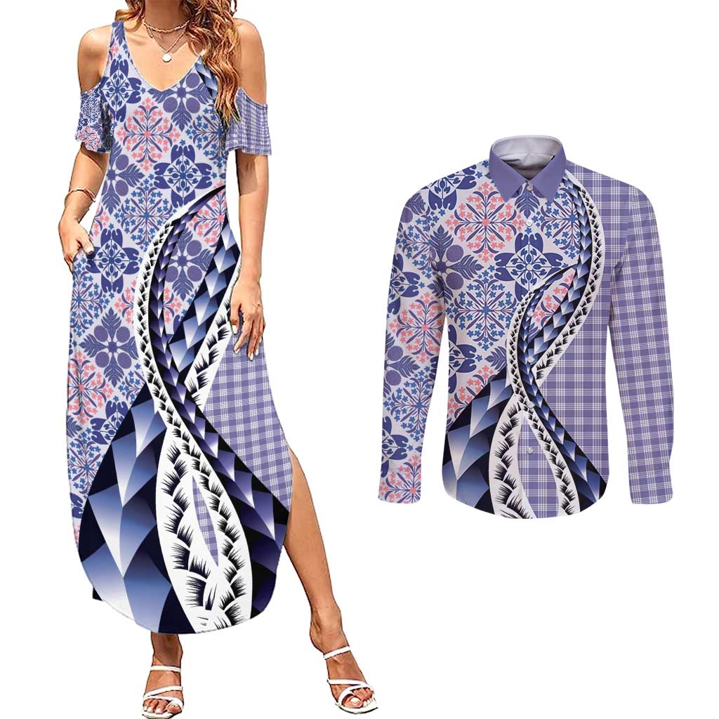 Aloha Vintage Palaka Floral Hawaiian Quilt Couples Matching Summer Maxi Dress and Long Sleeve Button Shirt Poni Motif LT9 Purple - Polynesian Pride