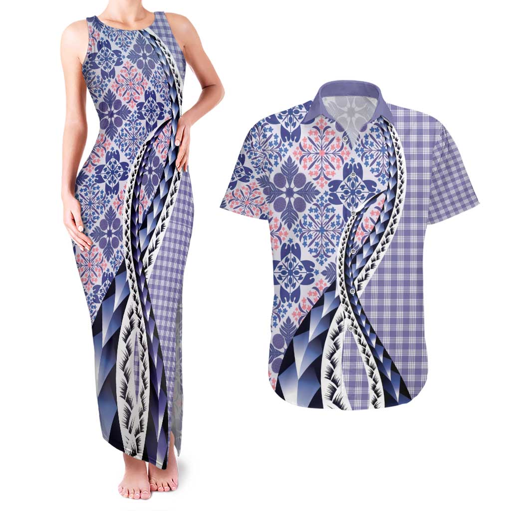 Aloha Vintage Palaka Floral Hawaiian Quilt Couples Matching Tank Maxi Dress and Hawaiian Shirt Poni Motif LT9 Purple - Polynesian Pride