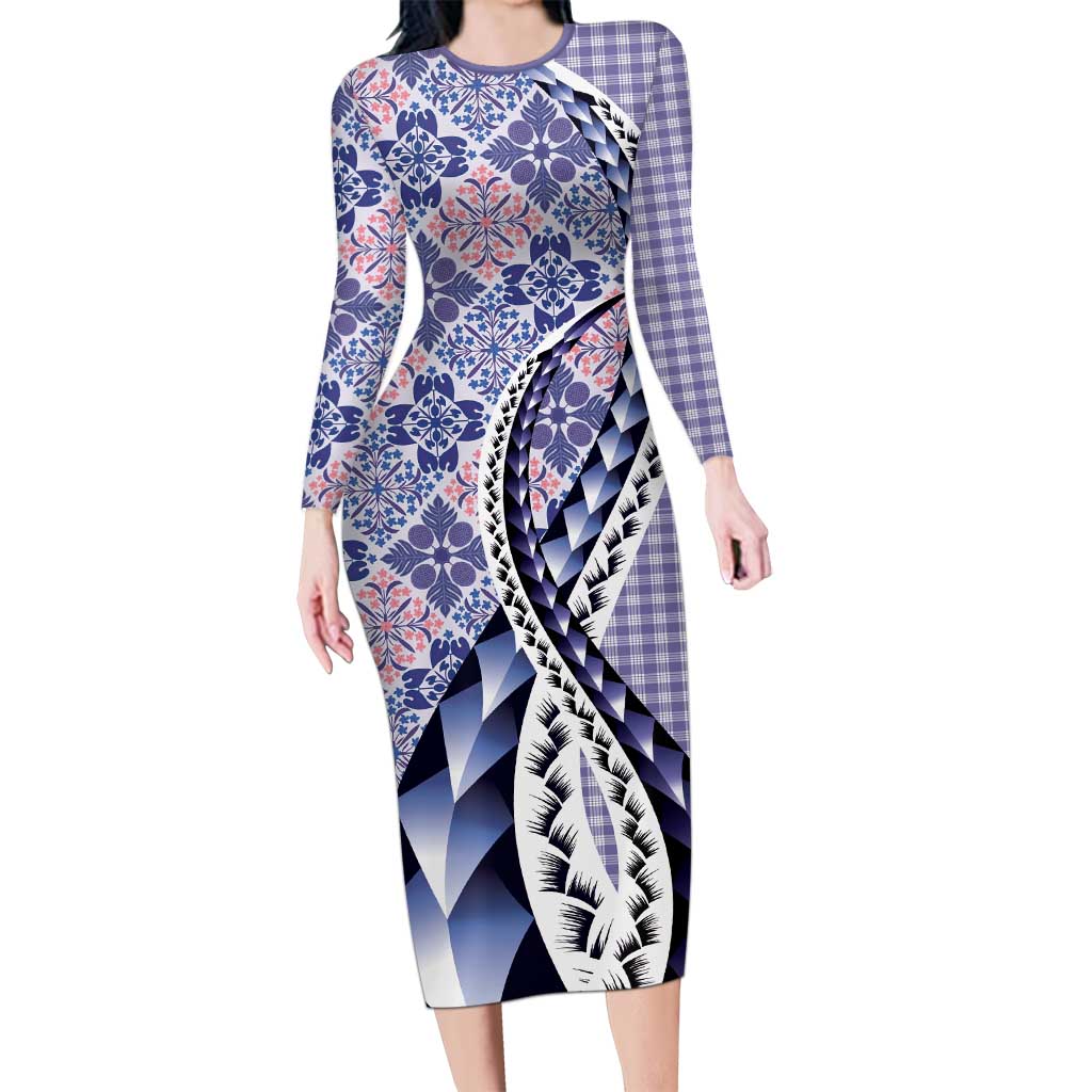 Aloha Vintage Palaka Floral Hawaiian Quilt Family Matching Long Sleeve Bodycon Dress and Hawaiian Shirt Poni Motif LT9 Mom's Dress Purple - Polynesian Pride