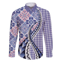Aloha Vintage Palaka Floral Hawaiian Quilt Family Matching Mermaid Dress and Hawaiian Shirt Poni Motif LT9 Dad's Shirt - Long Sleeve Purple - Polynesian Pride