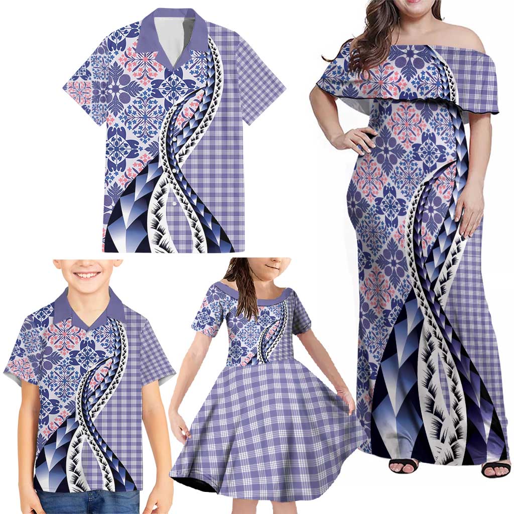 Aloha Vintage Palaka Floral Hawaiian Quilt Family Matching Off Shoulder Maxi Dress and Hawaiian Shirt Poni Motif - Polynesian Pride