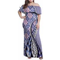 Aloha Vintage Palaka Floral Hawaiian Quilt Family Matching Off Shoulder Maxi Dress and Hawaiian Shirt Poni Motif - Polynesian Pride