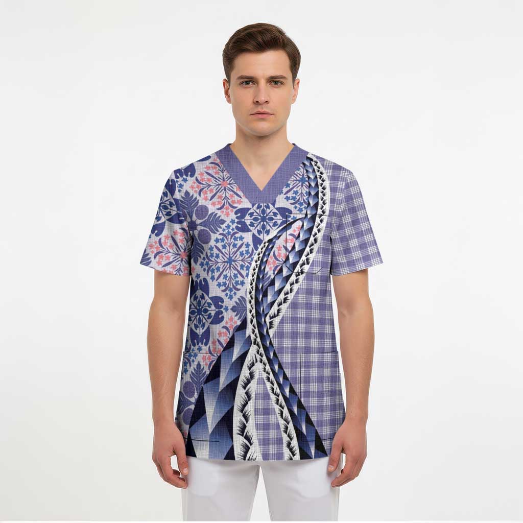 Aloha Vintage Palaka Floral Hawaiian Quilt Scrub Top Poni Motif - Polynesian Pride