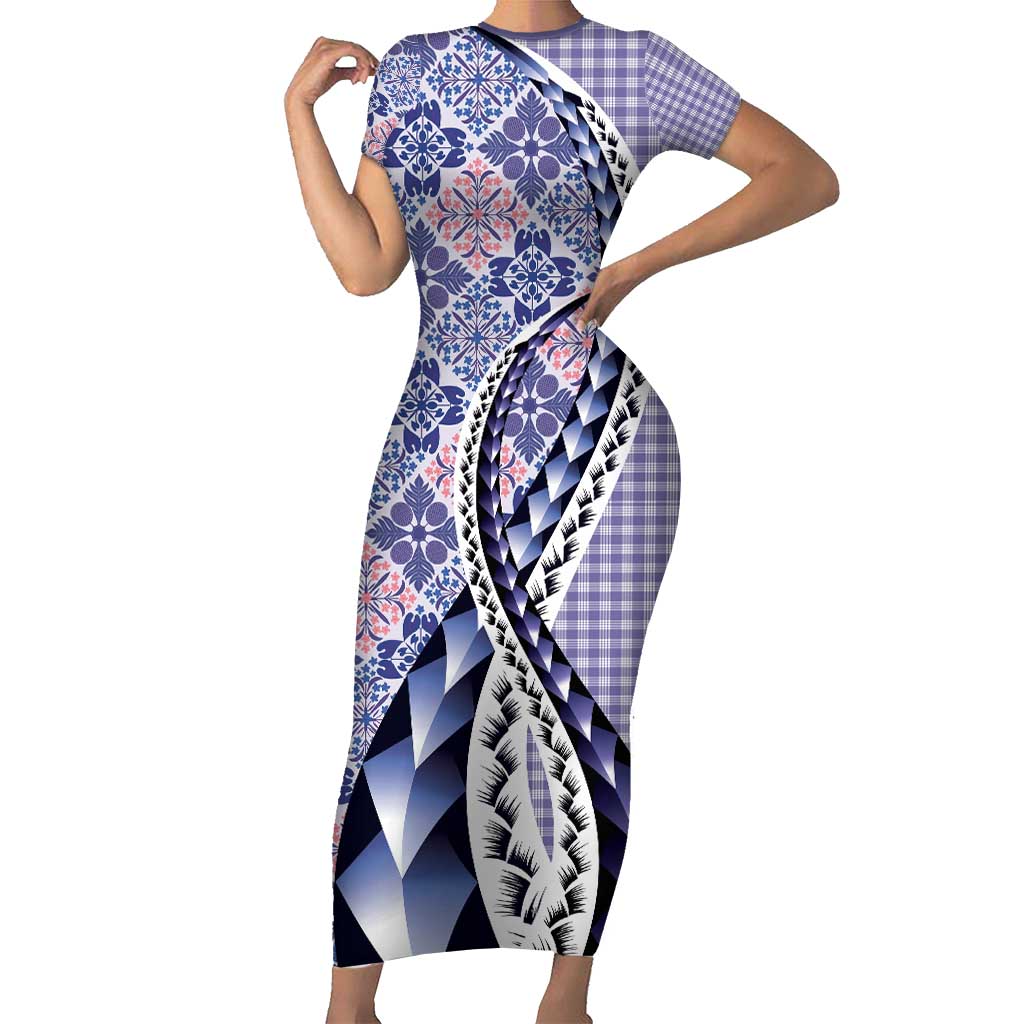 Aloha Vintage Palaka Floral Hawaiian Quilt Short Sleeve Bodycon Dress Poni Motif LT9 Long Dress Purple - Polynesian Pride
