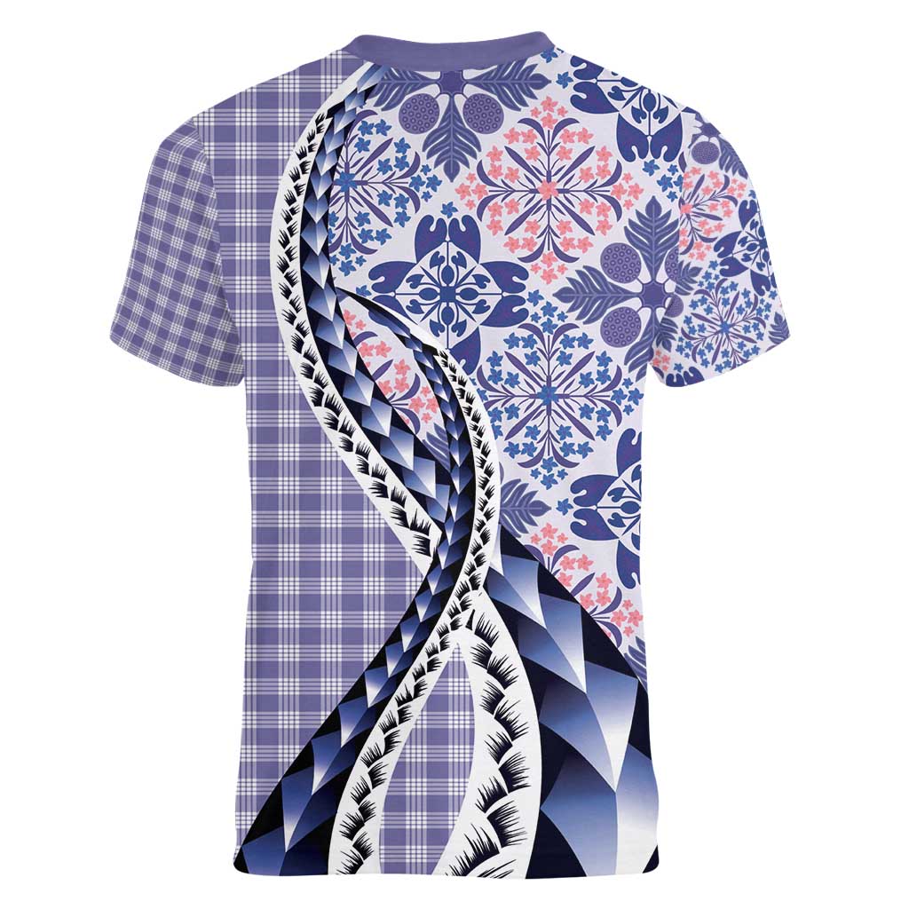 Aloha Vintage Palaka Floral Hawaiian Quilt Women V-Neck T-Shirt Poni Motif - Polynesian Pride