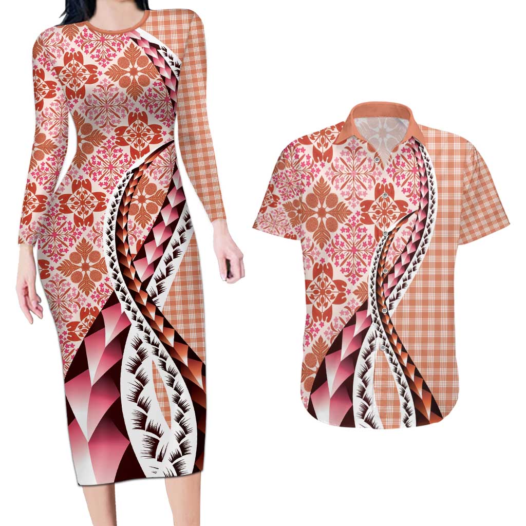 Aloha Vintage Palaka Floral Hawaiian Quilt Couples Matching Long Sleeve Bodycon Dress and Hawaiian Shirt Ulaula Motif LT9 Red - Polynesian Pride