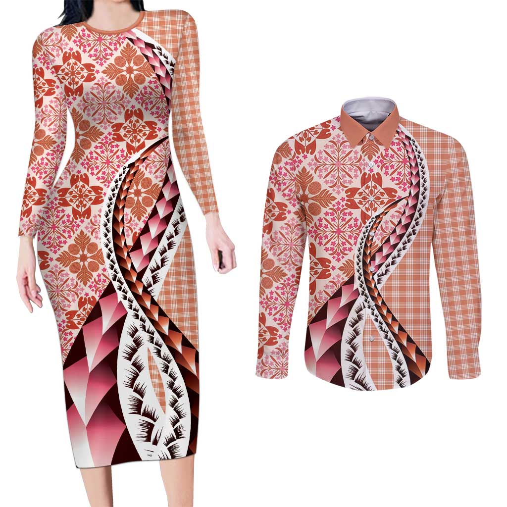 Aloha Vintage Palaka Floral Hawaiian Quilt Couples Matching Long Sleeve Bodycon Dress and Long Sleeve Button Shirt Ulaula Motif LT9 Red - Polynesian Pride