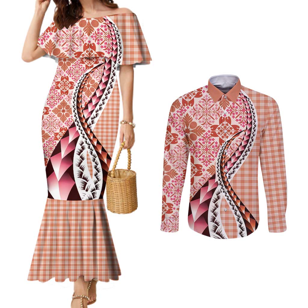 Aloha Vintage Palaka Floral Hawaiian Quilt Couples Matching Mermaid Dress and Long Sleeve Button Shirt Ulaula Motif LT9 Red - Polynesian Pride