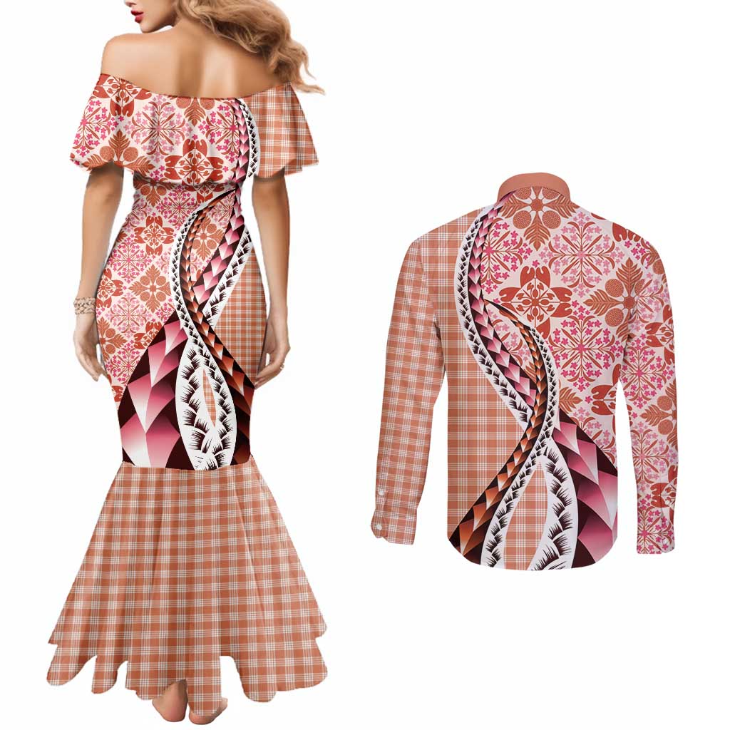 Aloha Vintage Palaka Floral Hawaiian Quilt Couples Matching Mermaid Dress and Long Sleeve Button Shirt Ulaula Motif LT9 - Polynesian Pride