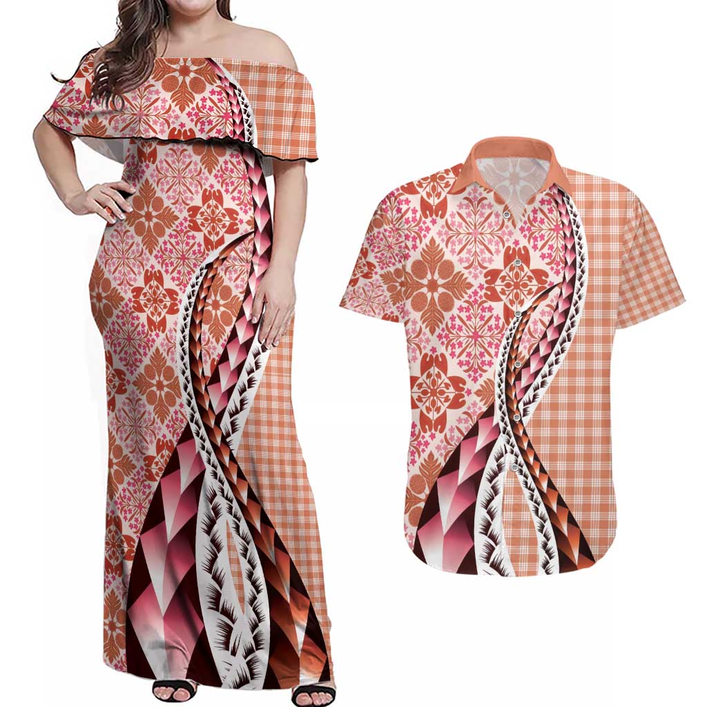 Aloha Vintage Palaka Floral Hawaiian Quilt Couples Matching Off Shoulder Maxi Dress and Hawaiian Shirt Ulaula Motif LT9 Red - Polynesian Pride