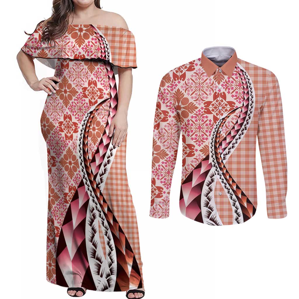 Aloha Vintage Palaka Floral Hawaiian Quilt Couples Matching Off Shoulder Maxi Dress and Long Sleeve Button Shirt Ulaula Motif LT9 Red - Polynesian Pride