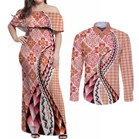 Aloha Vintage Palaka Floral Hawaiian Quilt Couples Matching Off Shoulder Maxi Dress and Long Sleeve Button Shirt Ulaula Motif LT9 Red - Polynesian Pride