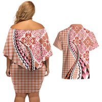 Aloha Vintage Palaka Floral Hawaiian Quilt Couples Matching Off Shoulder Short Dress and Hawaiian Shirt Ulaula Motif LT9 - Polynesian Pride