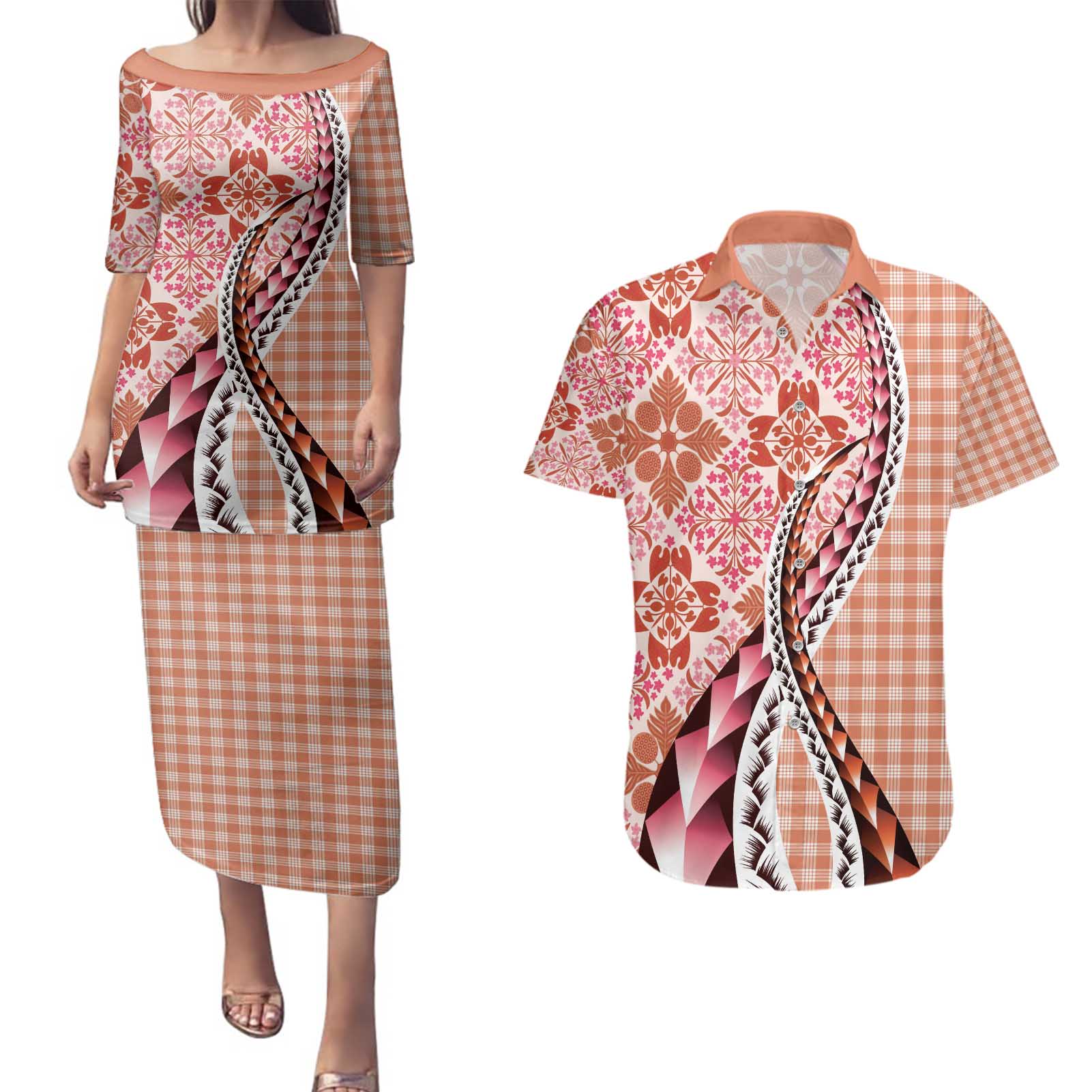 Aloha Vintage Palaka Floral Hawaiian Quilt Couples Matching Puletasi and Hawaiian Shirt Ulaula Motif - Polynesian Pride