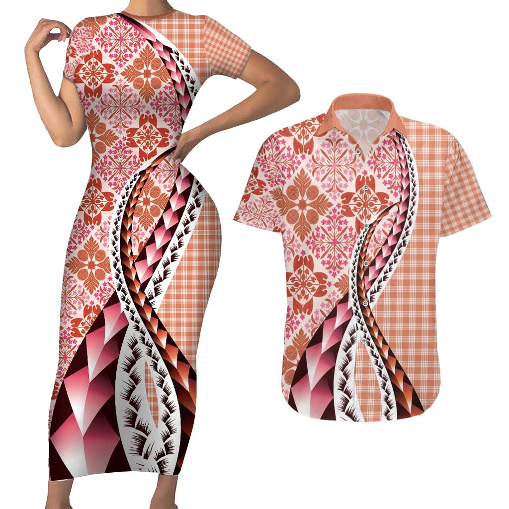 Aloha Vintage Palaka Floral Hawaiian Quilt Couples Matching Short Sleeve Bodycon Dress and Hawaiian Shirt Ulaula Motif LT9 Red - Polynesian Pride