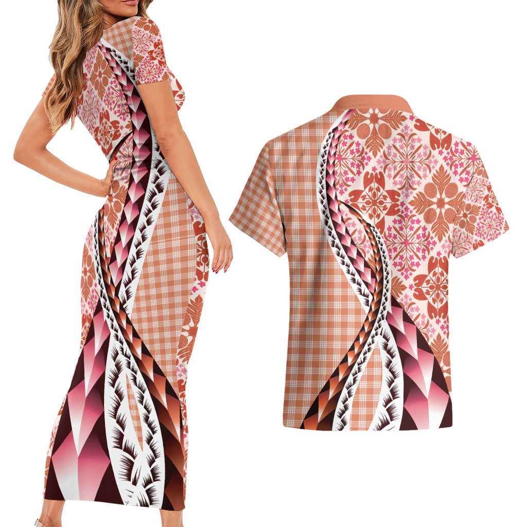 Aloha Vintage Palaka Floral Hawaiian Quilt Couples Matching Short Sleeve Bodycon Dress and Hawaiian Shirt Ulaula Motif LT9 - Polynesian Pride