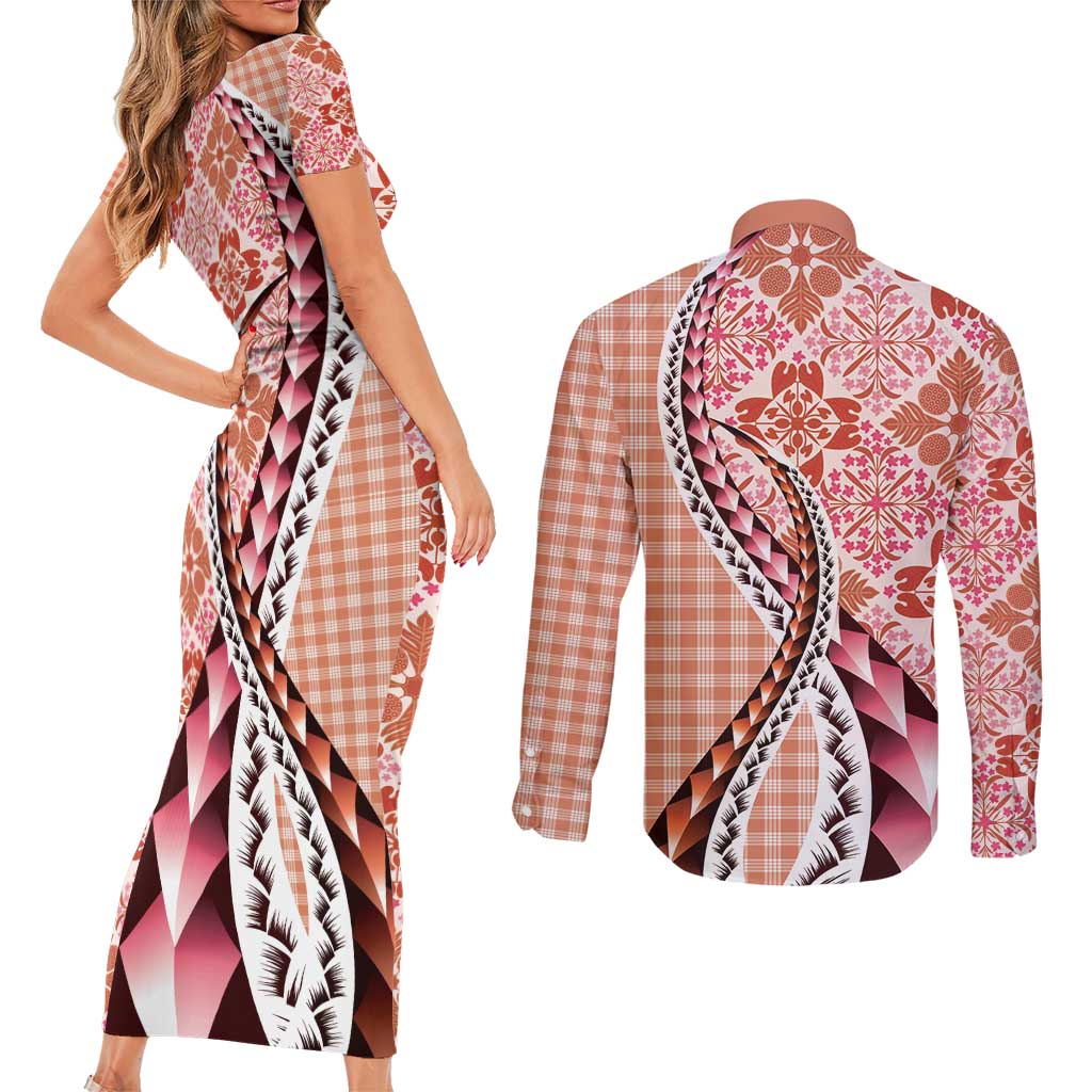 Aloha Vintage Palaka Floral Hawaiian Quilt Couples Matching Short Sleeve Bodycon Dress and Long Sleeve Button Shirt Ulaula Motif LT9 - Polynesian Pride
