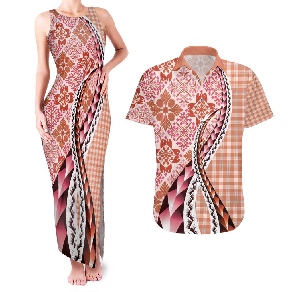Aloha Vintage Palaka Floral Hawaiian Quilt Couples Matching Tank Maxi Dress and Hawaiian Shirt Ulaula Motif LT9 Red - Polynesian Pride