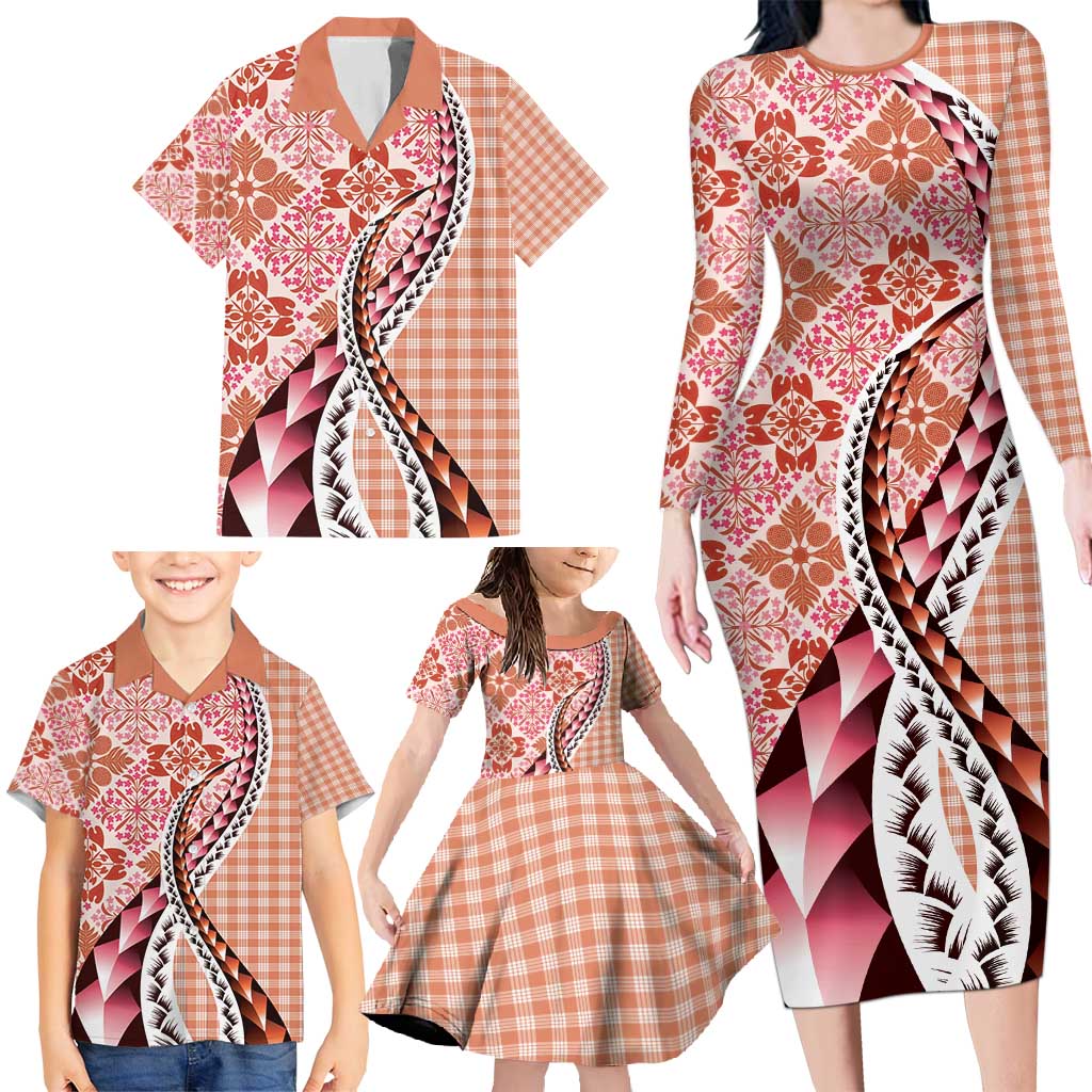 Aloha Vintage Palaka Floral Hawaiian Quilt Family Matching Long Sleeve Bodycon Dress and Hawaiian Shirt Ulaula Motif LT9 - Polynesian Pride