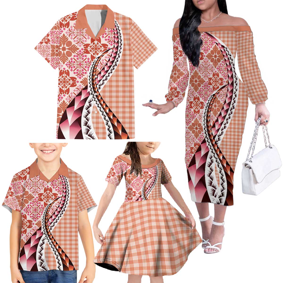 Aloha Vintage Palaka Floral Hawaiian Quilt Family Matching Off The Shoulder Long Sleeve Dress and Hawaiian Shirt Ulaula Motif - Polynesian Pride