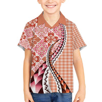 Aloha Vintage Palaka Floral Hawaiian Quilt Family Matching Off The Shoulder Long Sleeve Dress and Hawaiian Shirt Ulaula Motif - Polynesian Pride