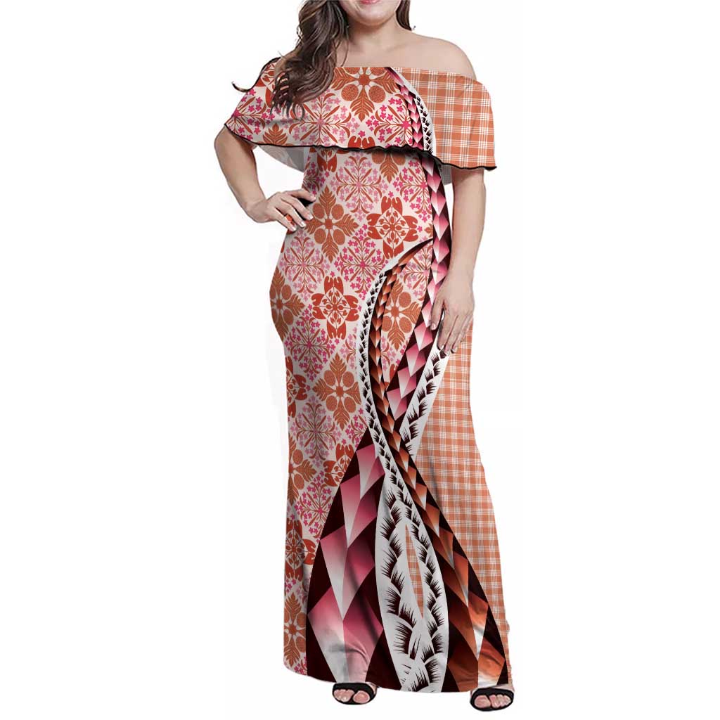 Aloha Vintage Palaka Floral Hawaiian Quilt Family Matching Off Shoulder Maxi Dress and Hawaiian Shirt Ulaula Motif - Polynesian Pride